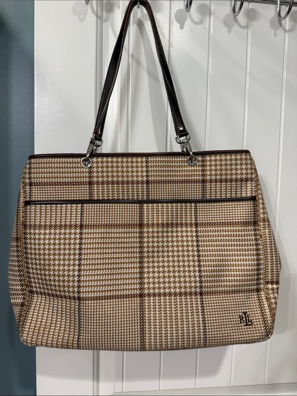 Plaid Tote Bag in Beige and Brown with Dark Brown Trim